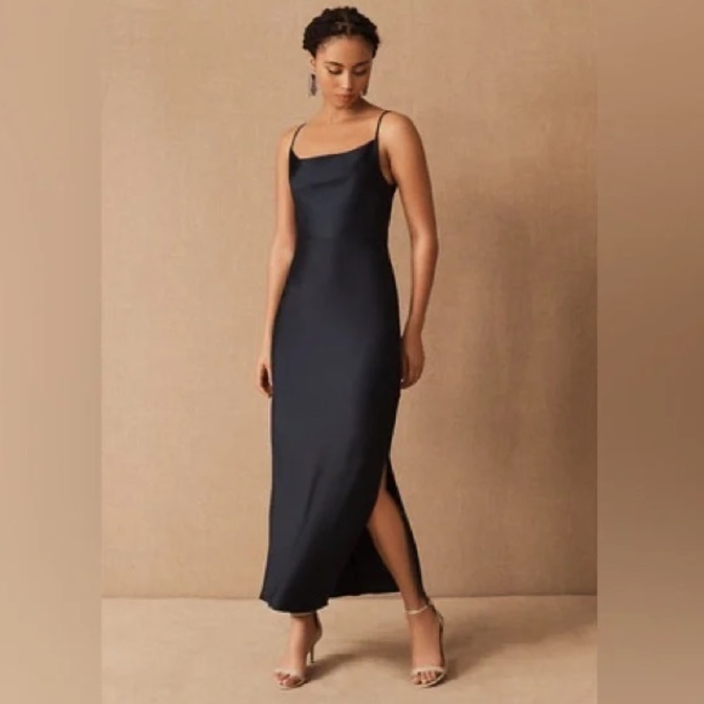 BHLDN Anthropologie Cali Satin Cowl Neck Midi Slip Dress NEW Size 2 Navy